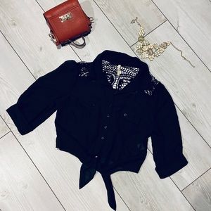 Black Tie Front Cropped Blouse